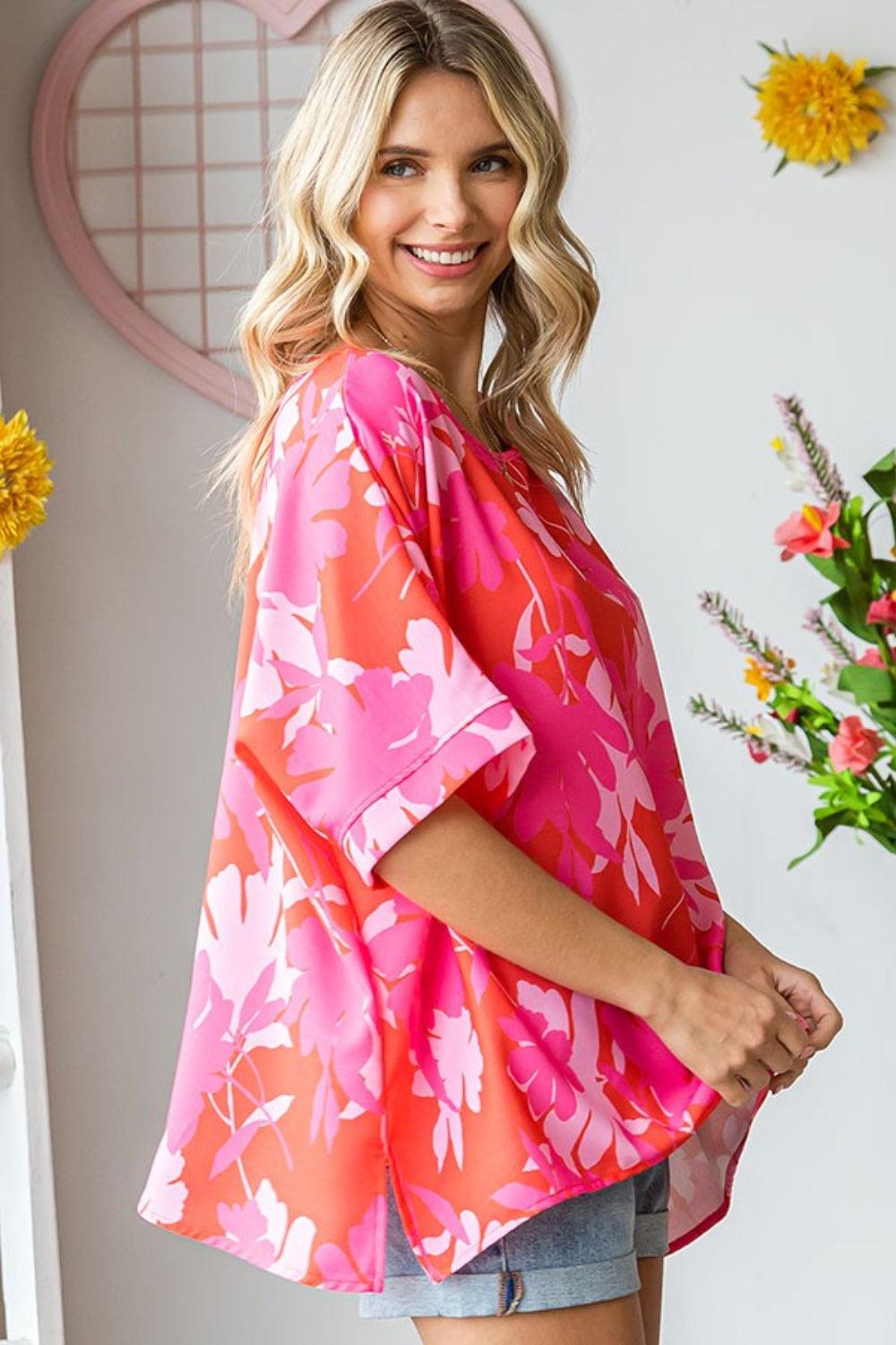 First Love Slit Printed Round Neck Half Sleeve Blouse Carauana Store