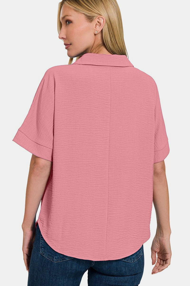Zenana Texture Collared Neck Short Sleeve Top Carauana Store