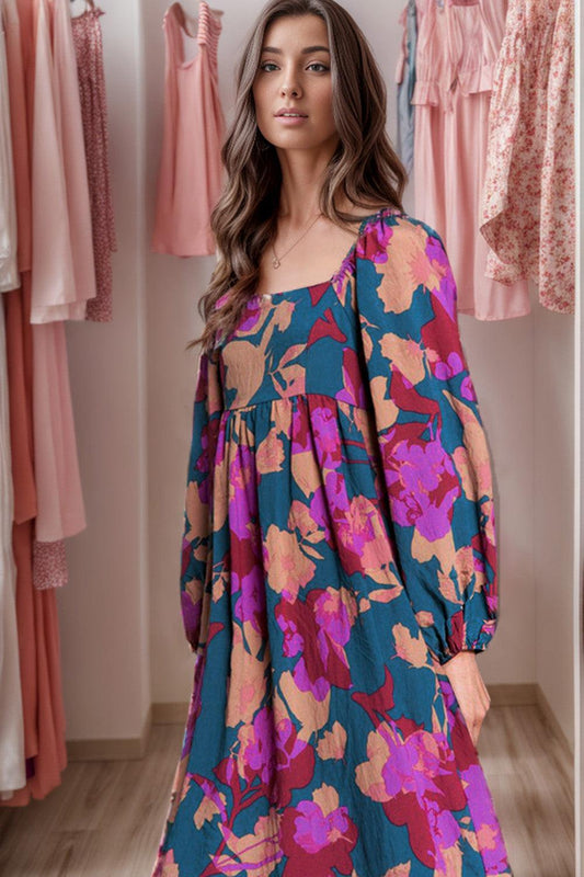 Square Neck Balloon Sleeve Midi Dress Carauana Store