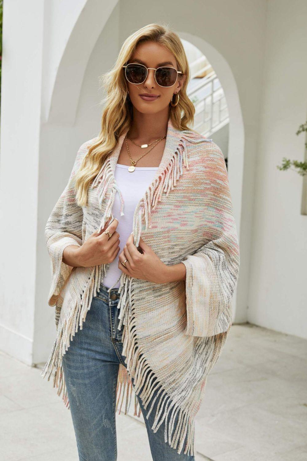 Multicolored Fringe Trim Poncho Carauana Store