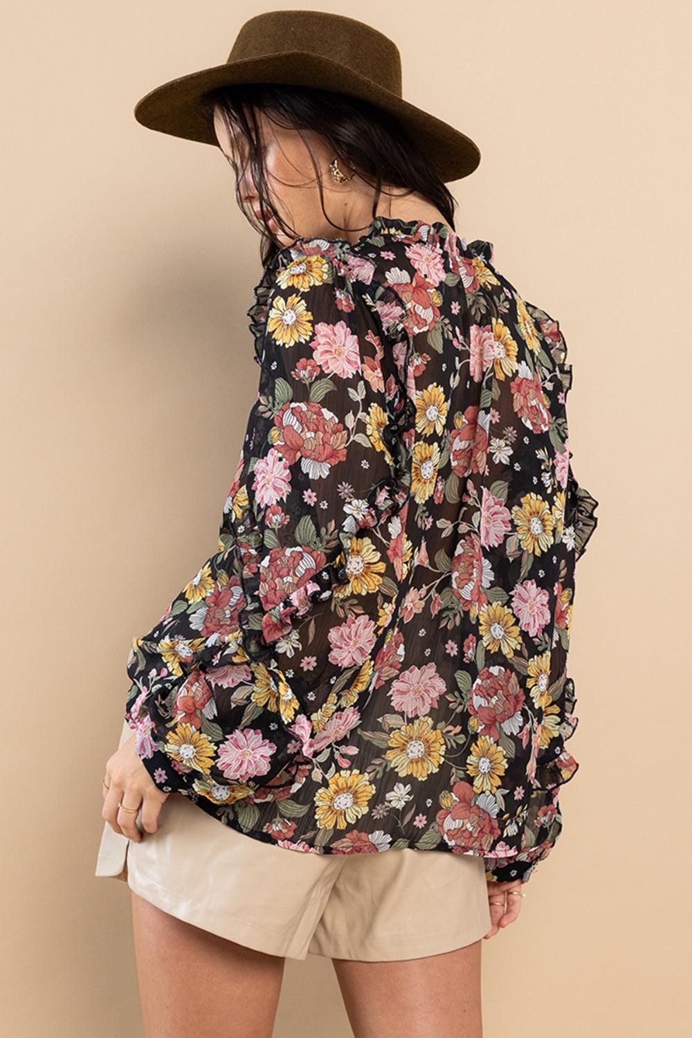 Ces Femme Ruffle Trim Long Sleeve Floral Blouse Carauana Store