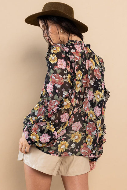 Ces Femme Ruffle Trim Long Sleeve Floral Blouse Carauana Store
