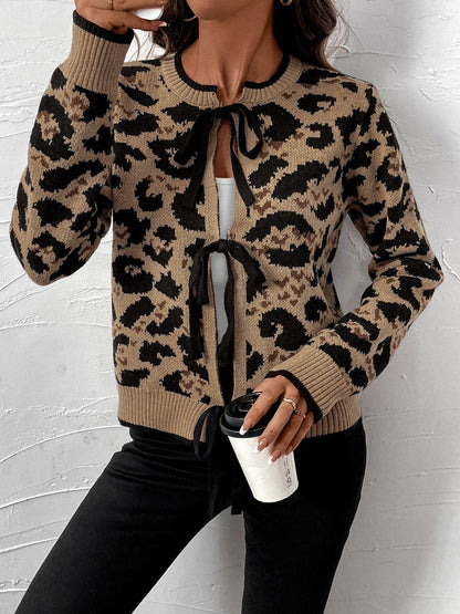 Perfee Tied Leopard Long Sleeve Cardigan Carauana Store