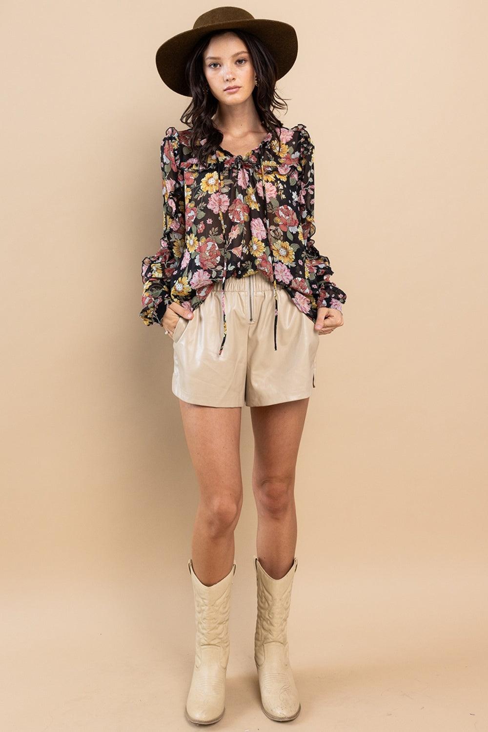 Ces Femme Ruffle Trim Long Sleeve Floral Blouse Carauana Store