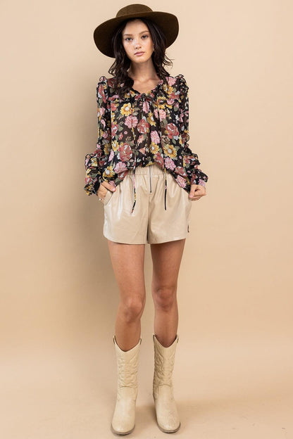 Ces Femme Ruffle Trim Long Sleeve Floral Blouse Carauana Store