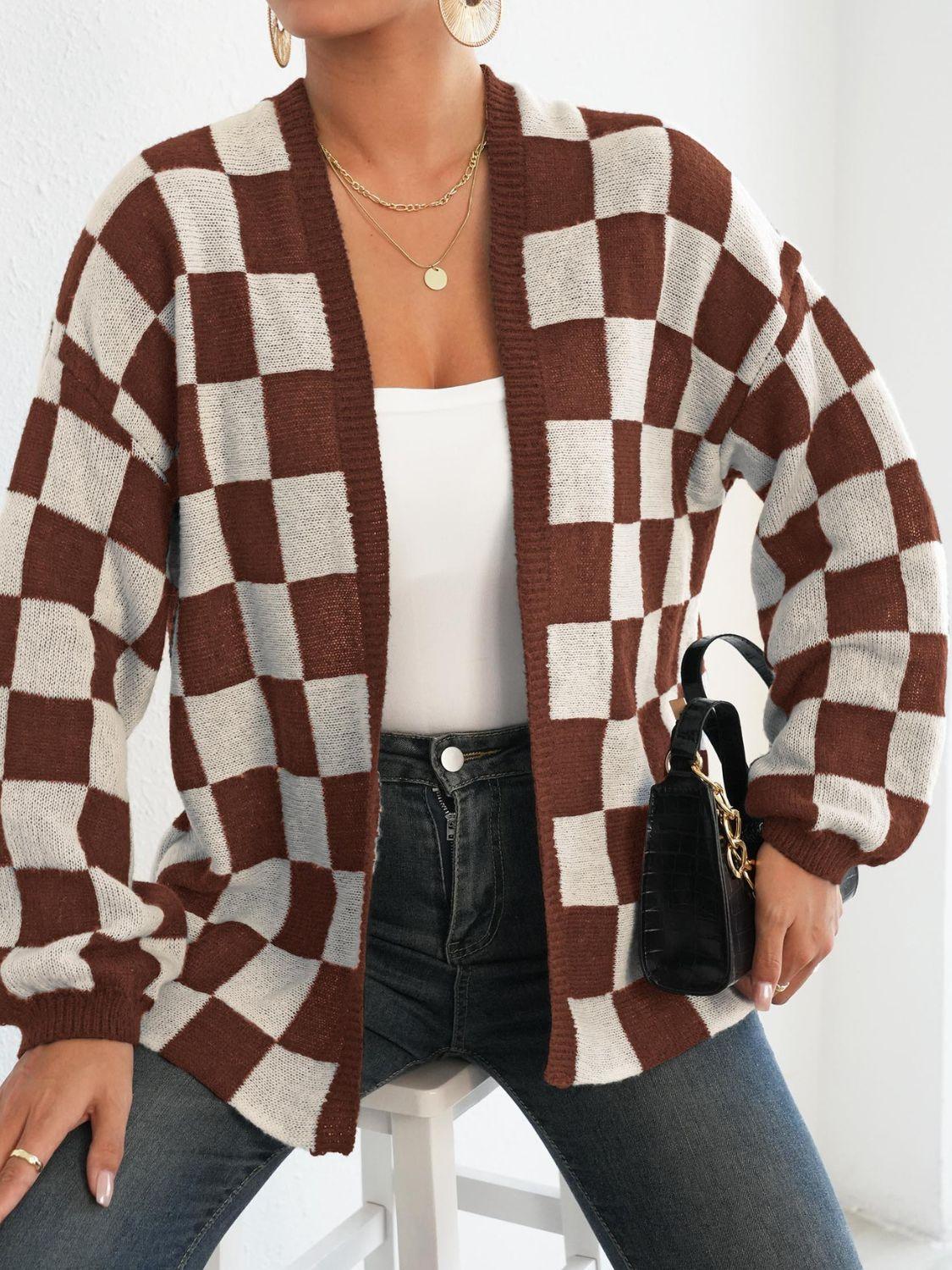 Checkered Open Front Long Sleeve Cardigan Carauana Store