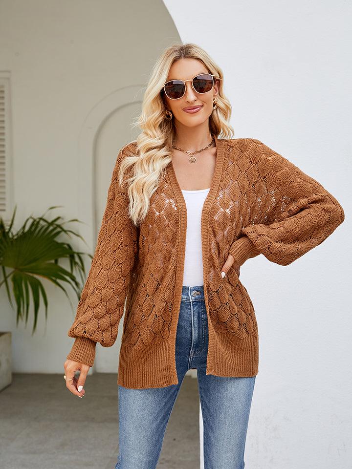 Openwork Open Front Lantern Sleeve Cardigan Carauana Store