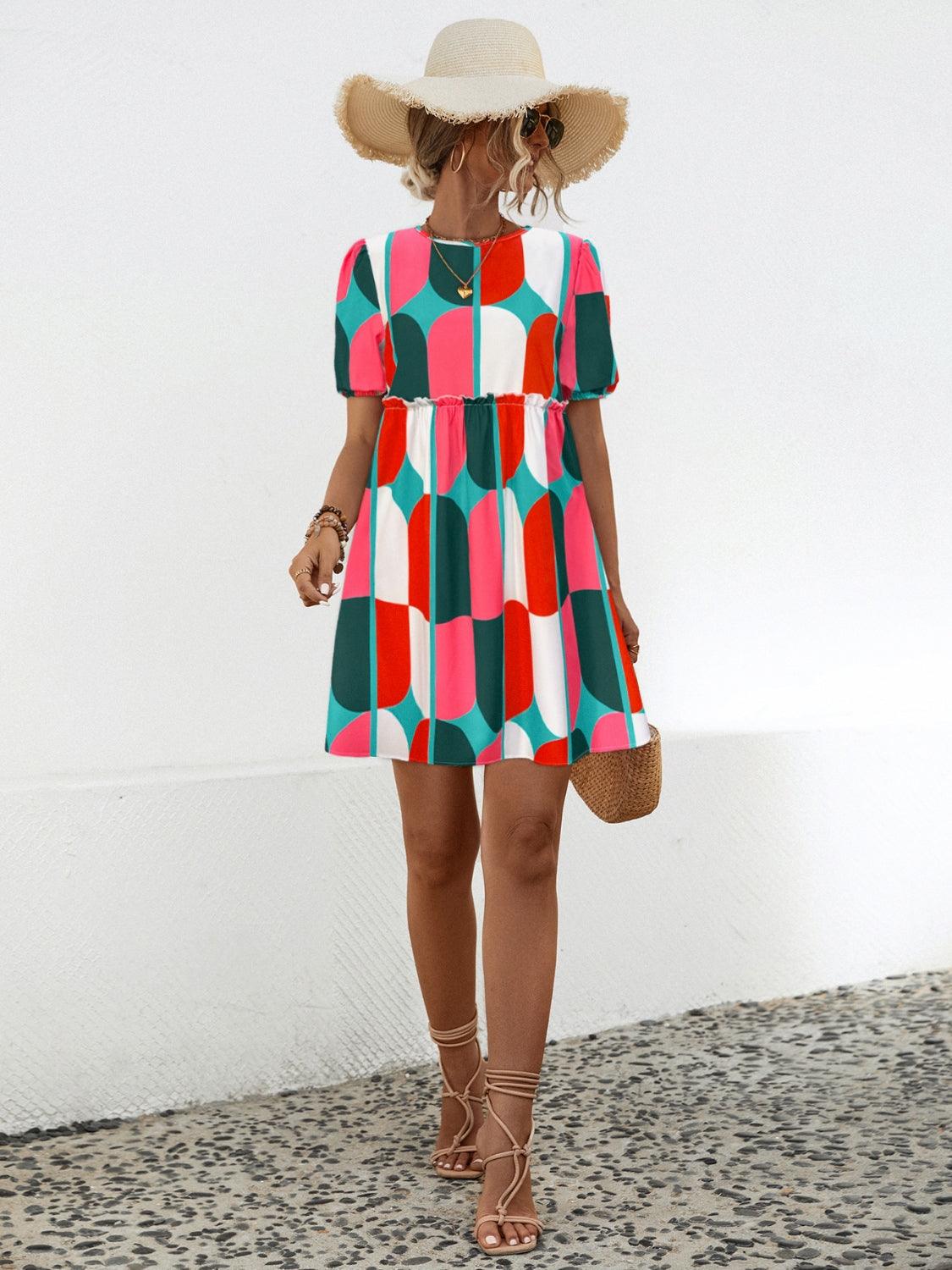 Geometric Frill Round Neck Short Sleeve Dress Carauana Store