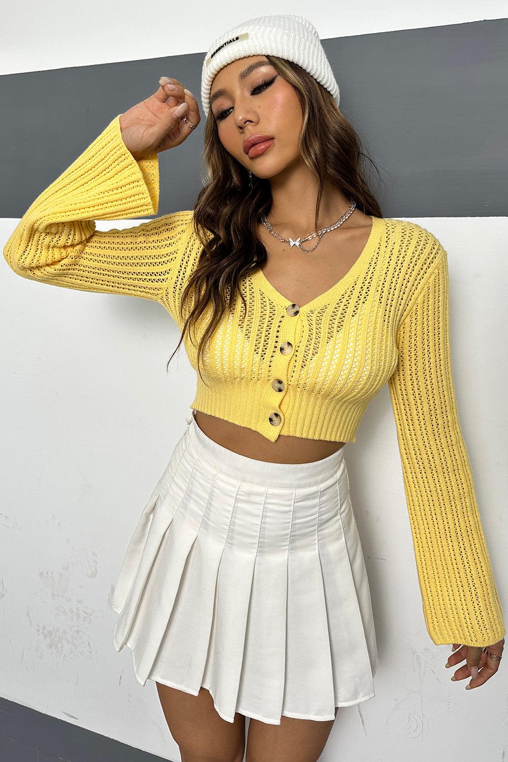 Openwork Button Up Long Sleeve Cropped Cardigan Carauana Store
