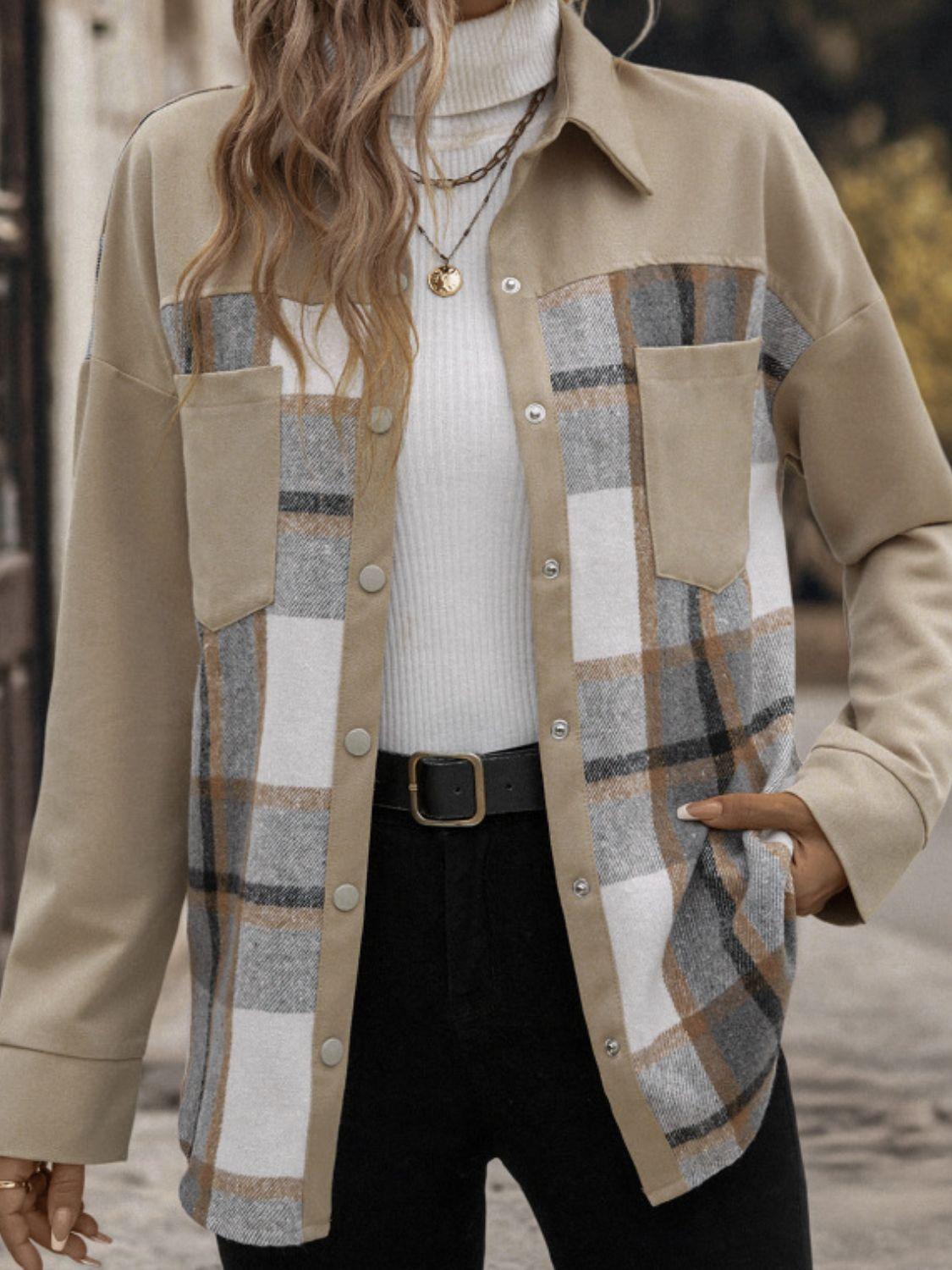 Perfee Plaid Snap Down Long Sleeve Shacket Carauana Store