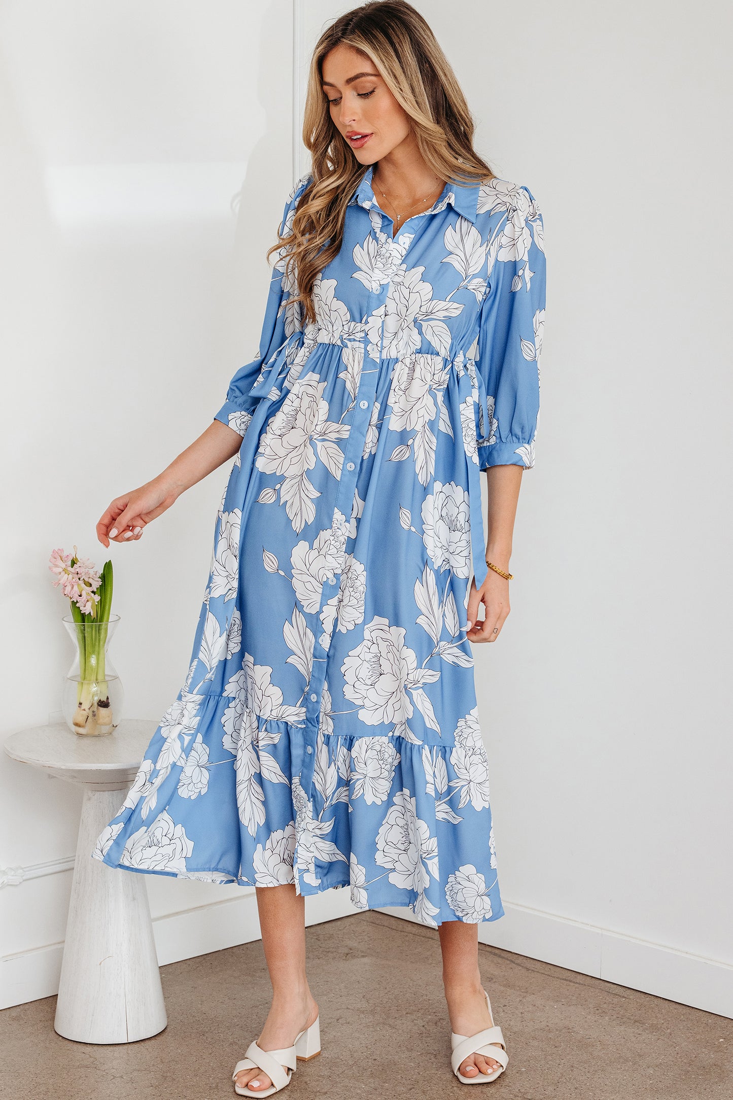 Sky Blue Floral Print Shirt Collar Button Down 3/4 Sleeve Ruffle Hem Long Dress