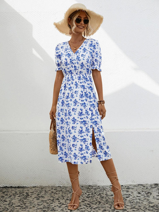 Slit Printed V-Neck Short Sleeve Dress Carauana Store