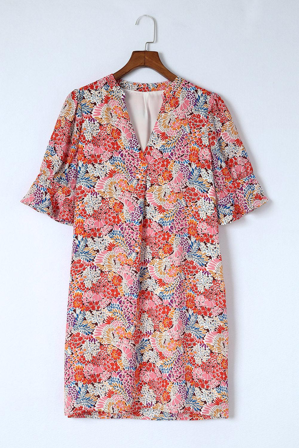 Floral Notched Neck Flounce Sleeve Shift Dress Carauana Store