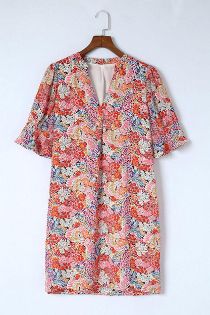 Floral Notched Neck Flounce Sleeve Shift Dress Carauana Store