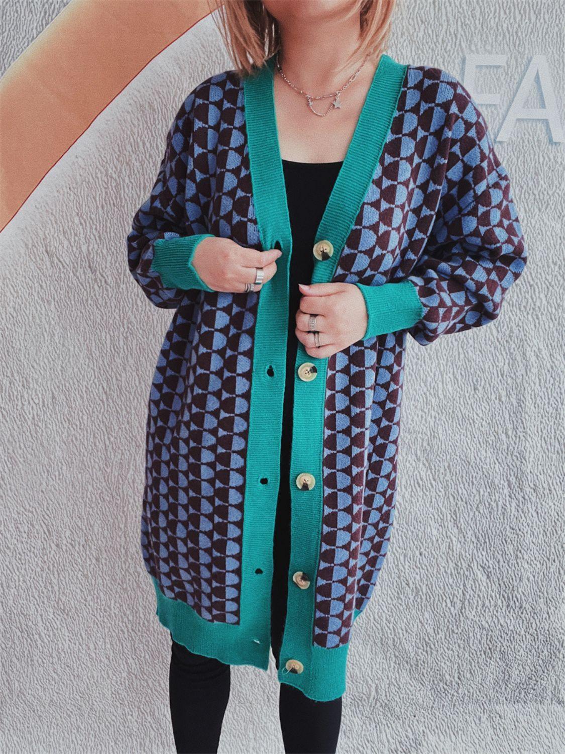Contrast Trim Geometric Button Down Cardigan Carauana Store