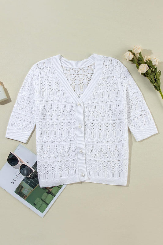 Openwork V-Neck Half Sleeve Cardigan Carauana Store