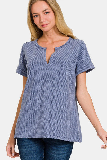 Zenana Notched Short Sleeve Waffle T-Shirt Carauana Store