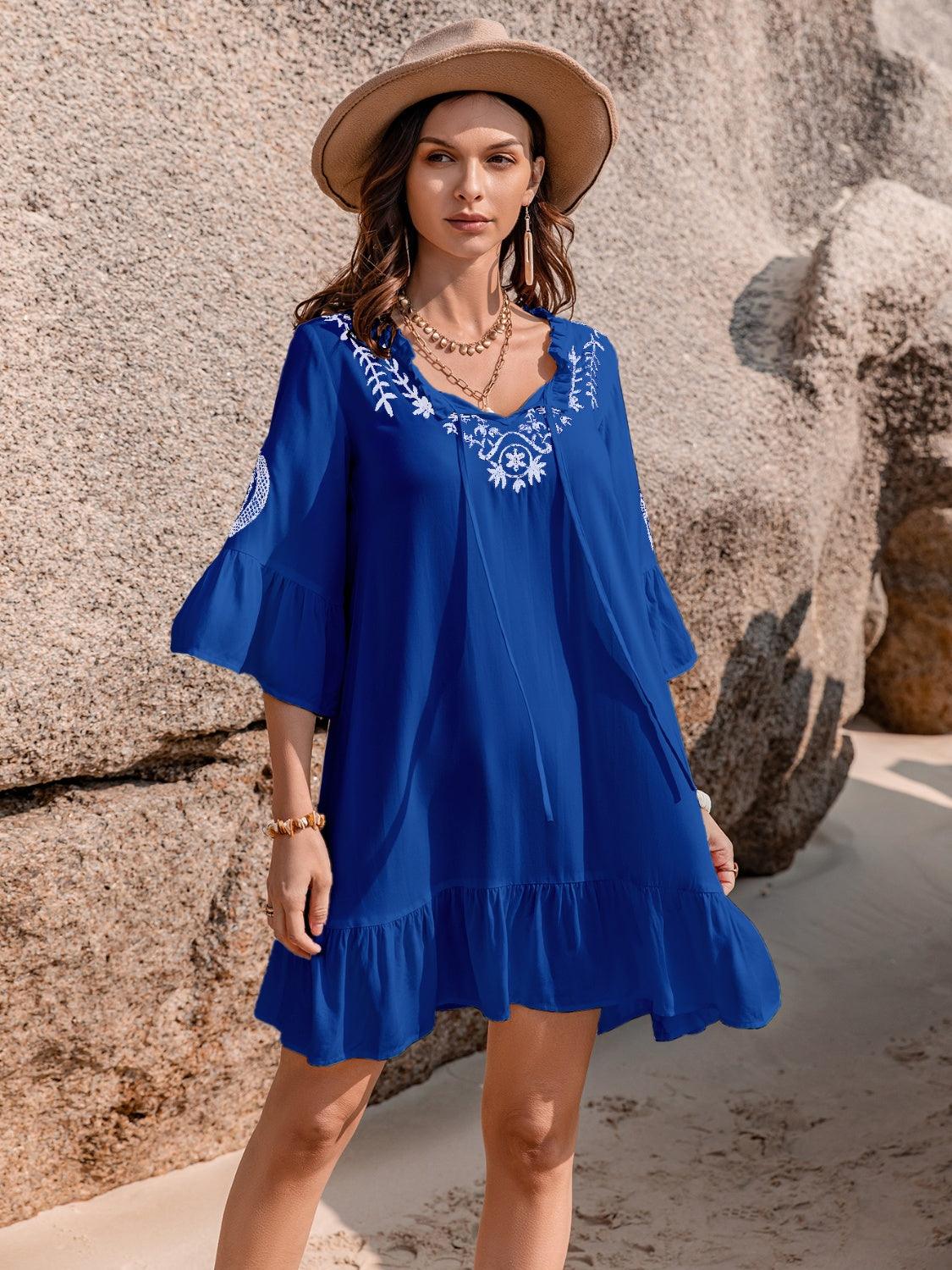 Printed Tie Neck Flounce Sleeve Mini Dress Carauana Store