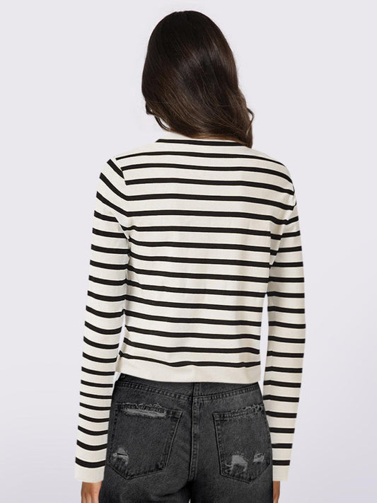 Striped Round Neck Button Up Long Sleeve Cardigan Carauana Store