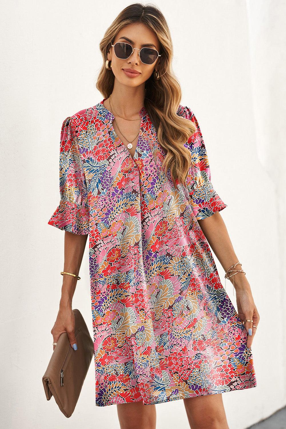 Floral Notched Neck Flounce Sleeve Shift Dress Carauana Store
