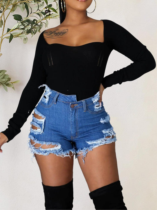 Distressed Raw Hem Denim Shorts with Pockets Carauana Store
