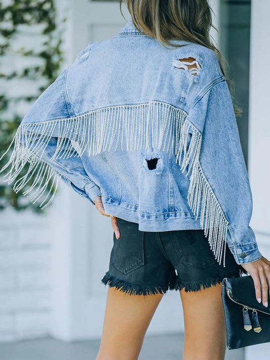 Distressed Fringe Denim Jacket Carauana Store