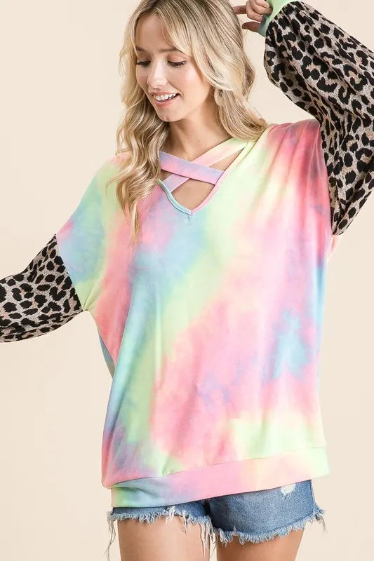 BiBi Tie Dye Terry Top with Leopard Puff Sleeves Carauana Store