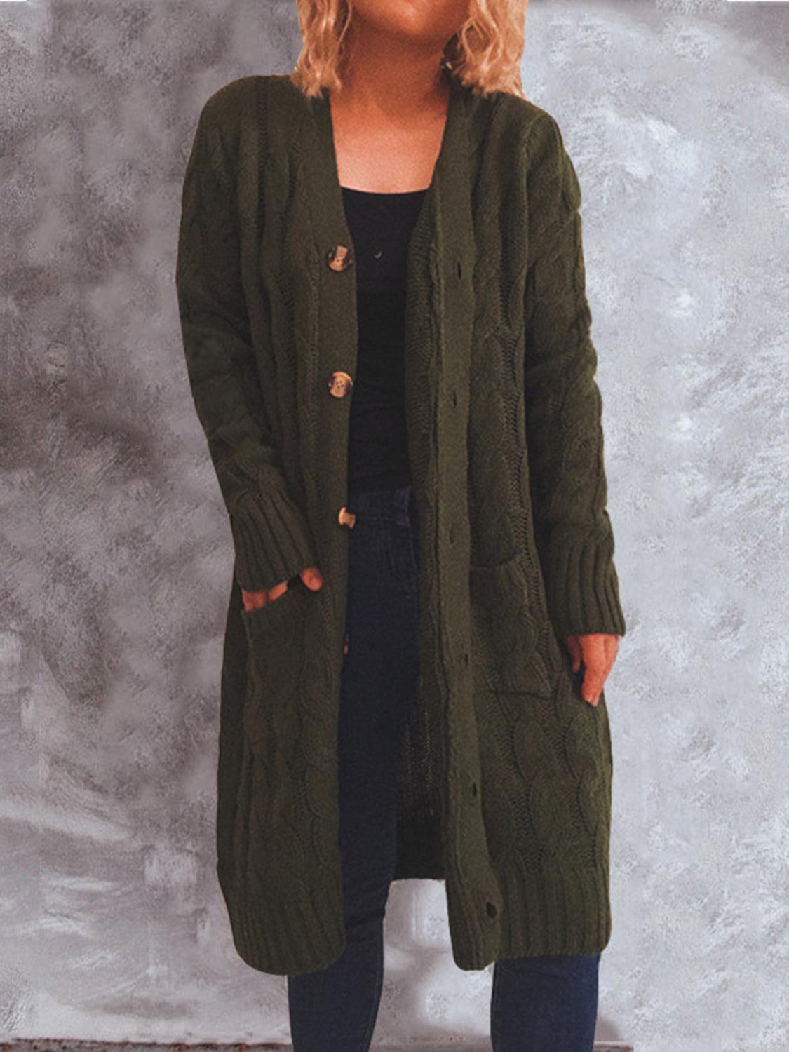 Button Up Cable-Knit Cardigan with Pockets Carauana Store
