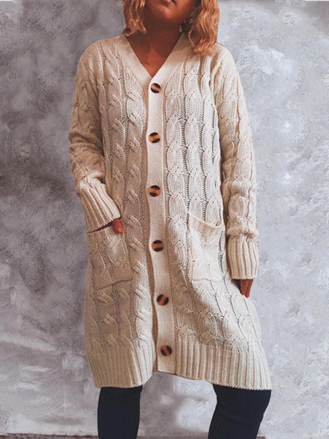 Button Up Cable-Knit Cardigan with Pockets Carauana Store