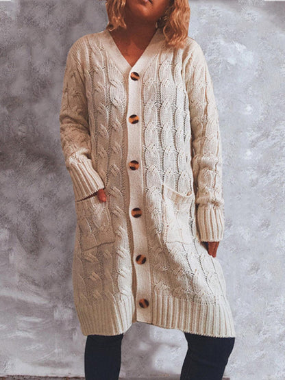Button Up Cable-Knit Cardigan with Pockets Carauana Store