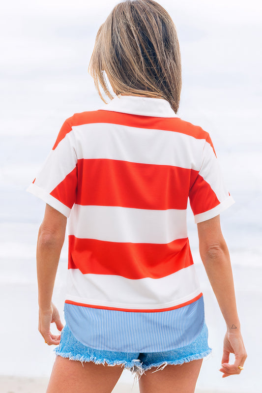 Red Stripe Collar V Neck Cuffed Dolman Short Sleeve Top