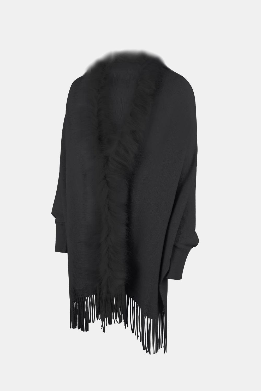 Fringe Open Front Long Sleeve Poncho Carauana Store