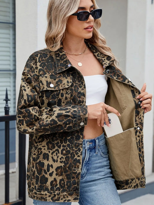 Pocketed Leopard Long Sleeve Denim Jacket Carauana Store