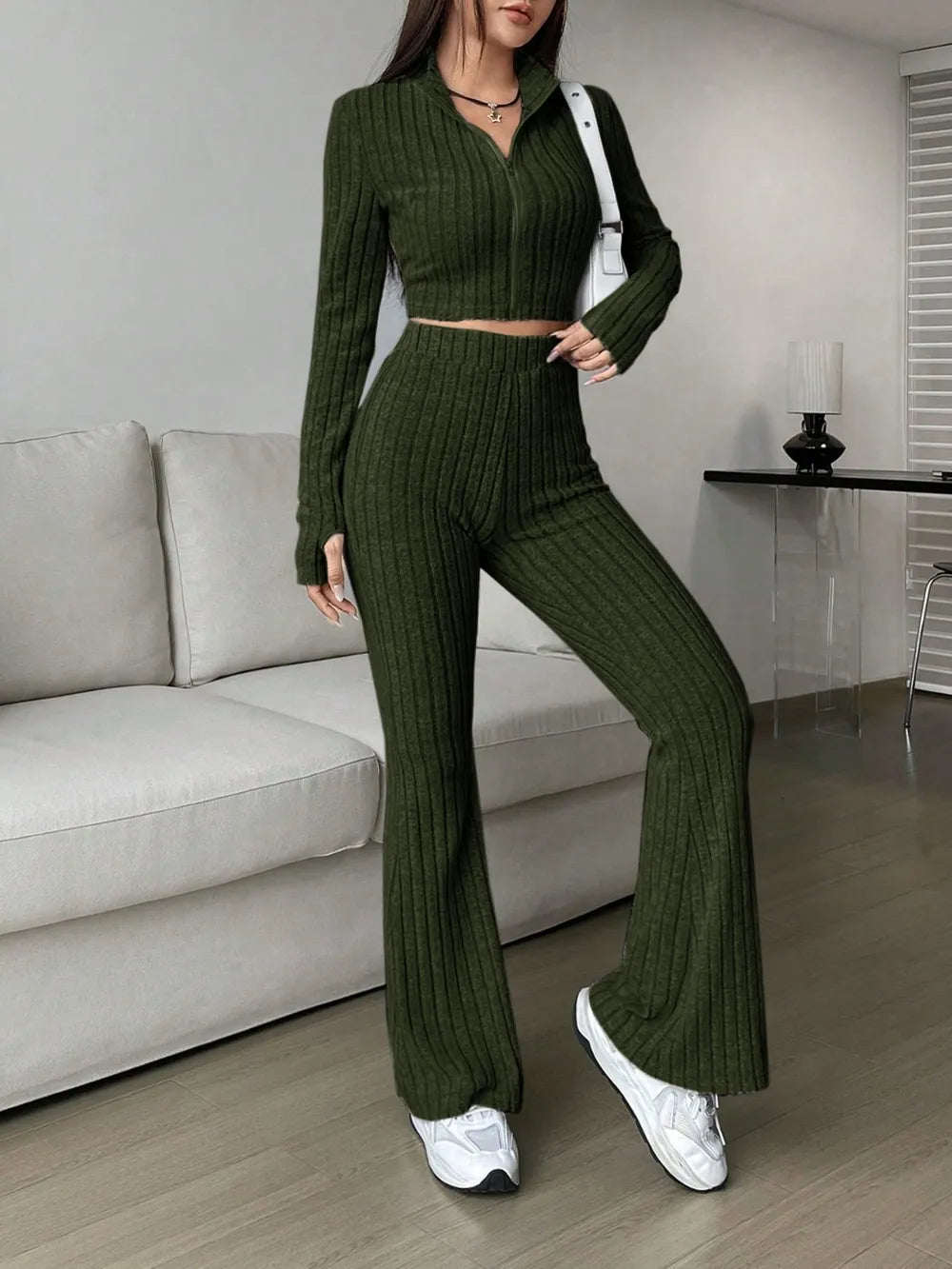 Honey Zip Up Long Sleeve Top and Pants Set Carauana Store