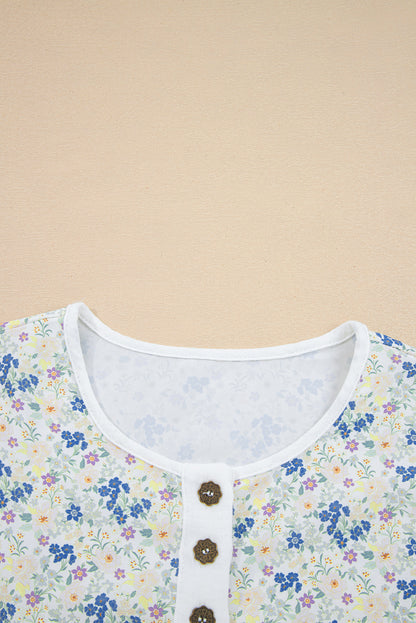 Sky Blue Floral Print Gauze Patchwork Henley Button 3/4 Sleeve Blouse