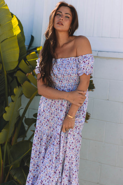 Purple Floral Short Bubble Sleeve Shirred High Waist Maxi Dress