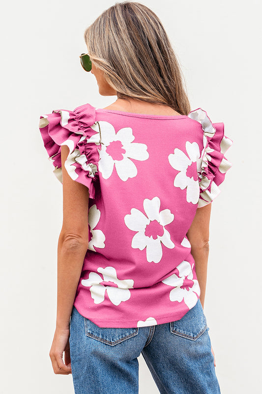Pink Floral Textured Ruffled Short Sleeve Square Neck Blouse