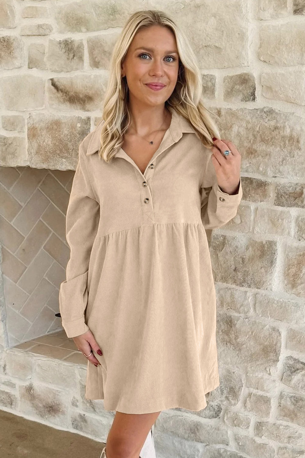 Oatmeal Corduroy Half Button Collared Long Sleeve Mini Dress