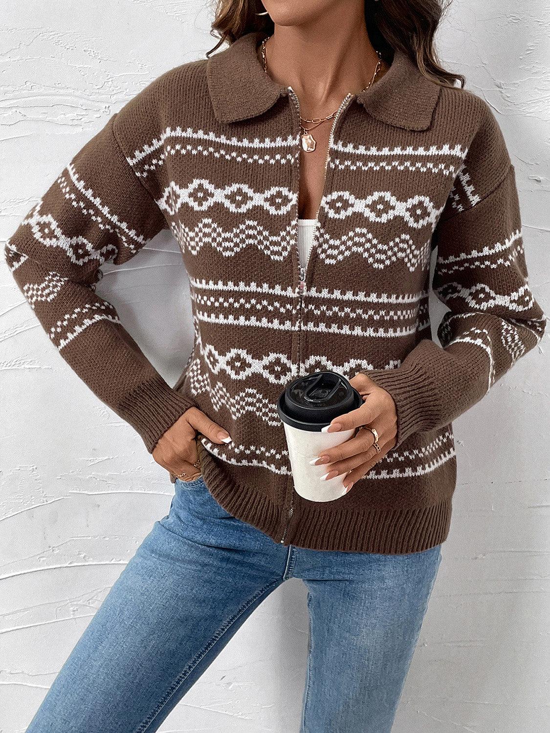 Perfee Geometric Zip Up Collared Neck Long Sleeve Cardigan Carauana Store