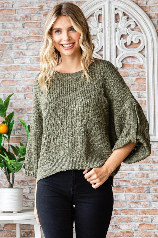 Veveret Round Neck Roll-Up Sweater Carauana Store