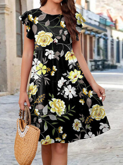 Printed Round Neck Tiered Dress Carauana Store