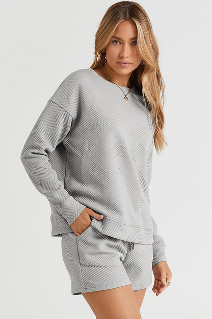 Double Take Full Size Texture Long Sleeve Top and Drawstring Shorts Set Carauana Store