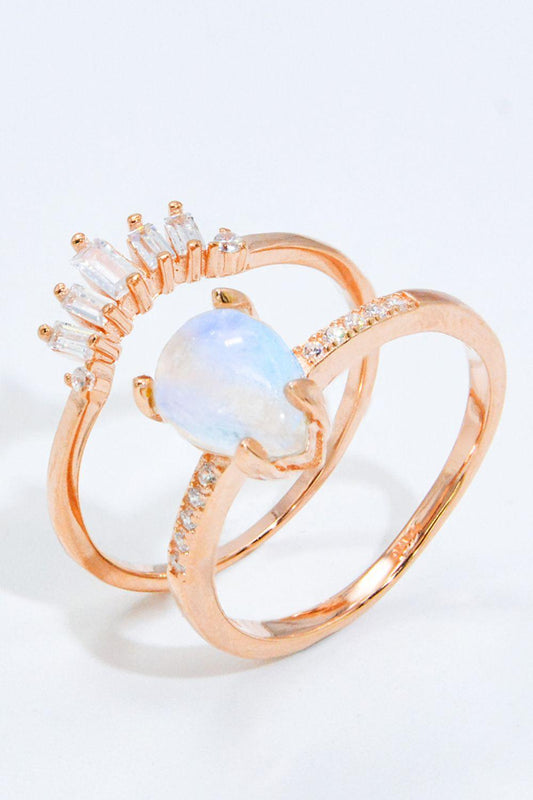 Natural Moonstone and Zircon 18K Rose Gold-Plated Two-Piece Ring Set Carauana Store