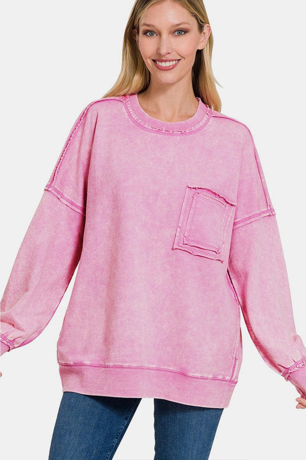 Zenana Exposed Seam Round Neck Dropped Shoulder Sweatshirt Carauana Store