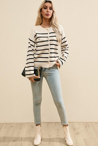 Striped Button Up Round Neck Cardigan Carauana Store