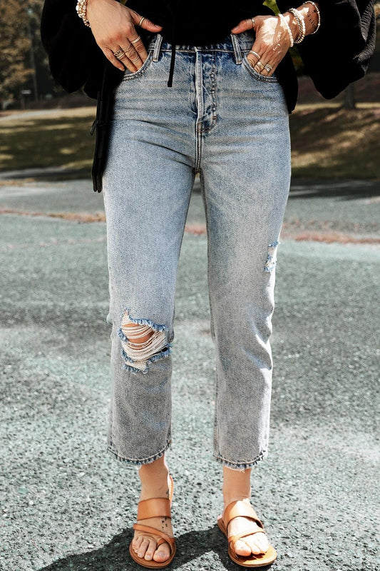 Distressed Straight Jeans with Pockets Carauana Store