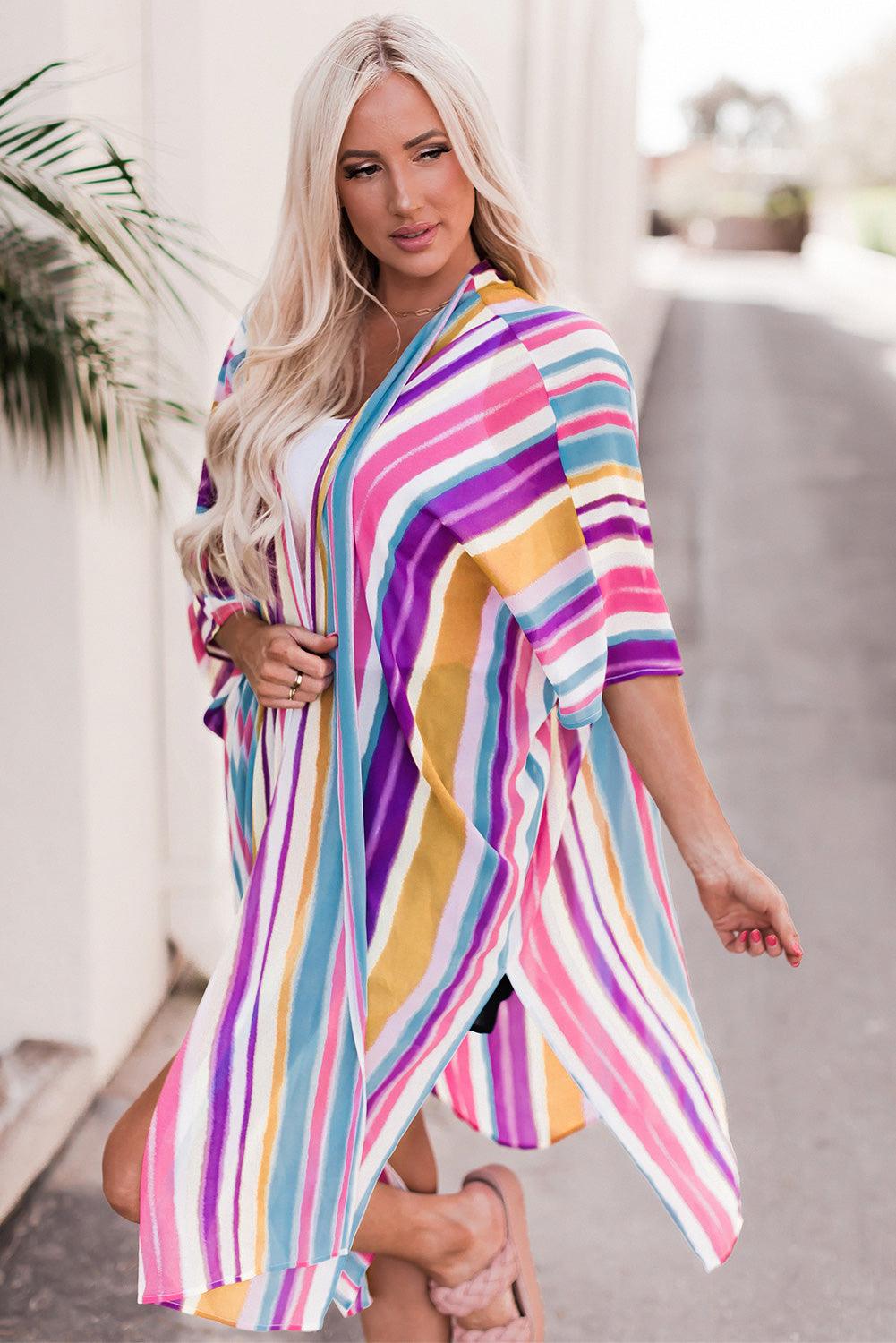 Striped Side Slit Open Front Cardigan Carauana Store