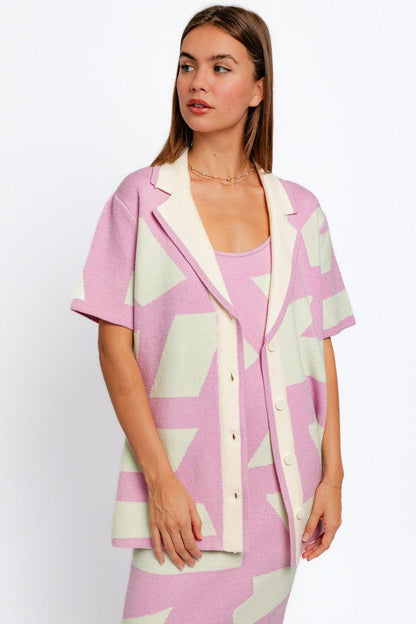 Le Lis Abstract Contrast Short Sleeve Collared Cardigan Carauana Store
