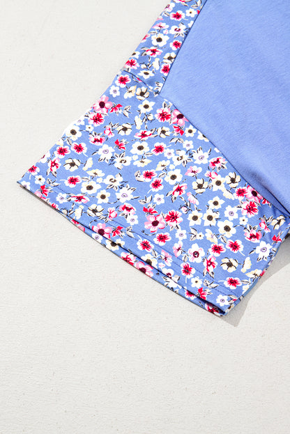 Sky Blue Floral Patchwork Chest Pocket Crewneck Plus Size T Shirt