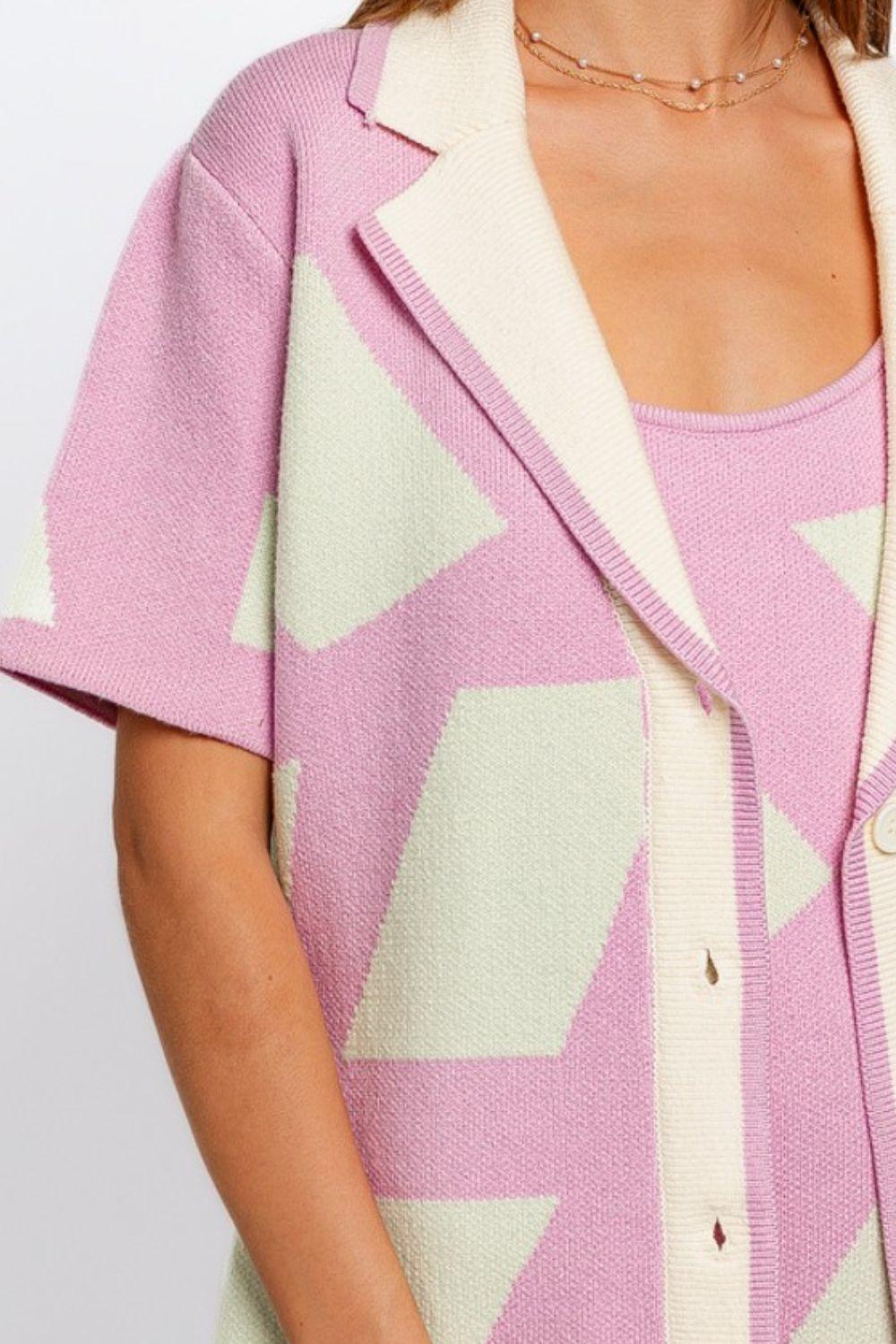 Le Lis Abstract Contrast Short Sleeve Collared Cardigan Carauana Store